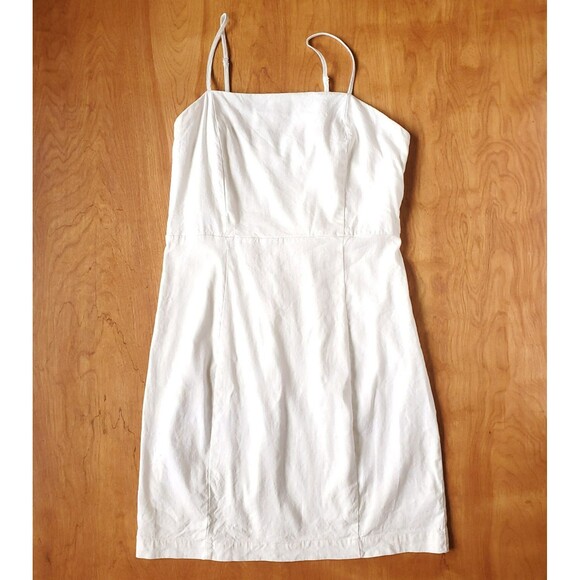 Halston Dress Size 8 Linen Blend Square Neck Midi Sheath Ivory Metallic Stretch - Picture 9 of 16